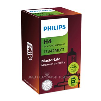 H4 24V- 75/70W (P43t) (вибростойкая+увелич.срок службы) MasterLife 13342MLC1